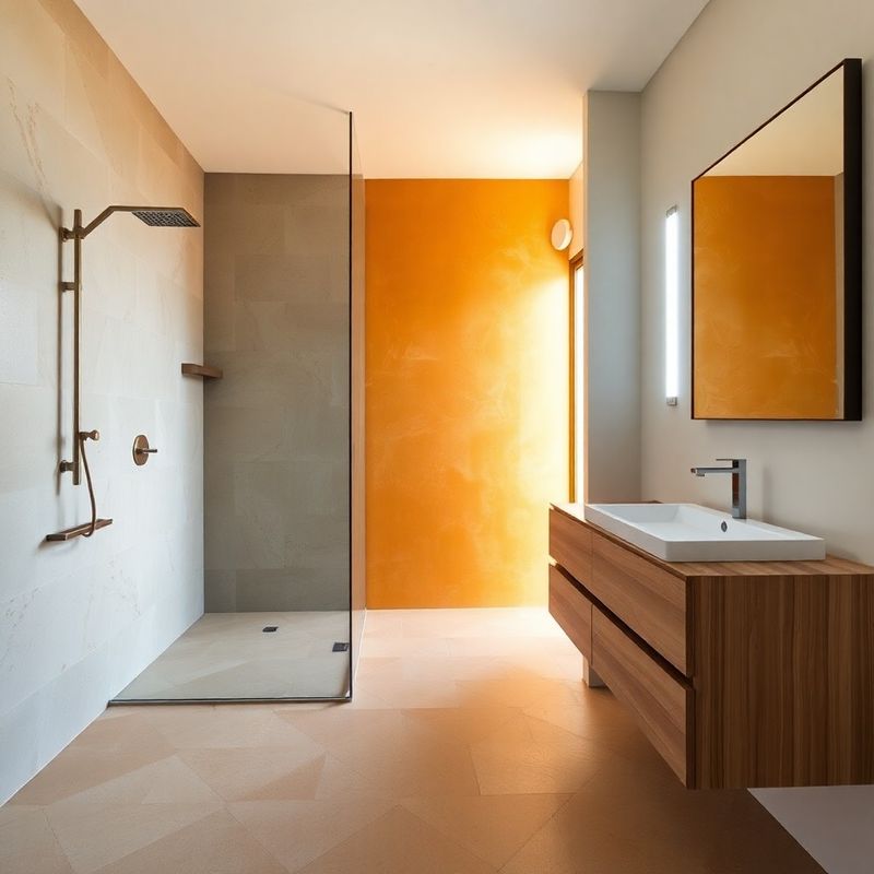 Baño reformado con ducha de microcemento y mueble de roble